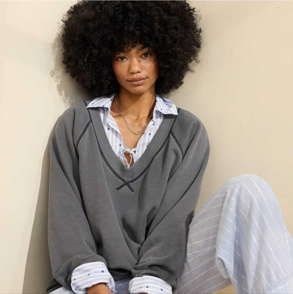 Aerie Gray V-Neck Sweatshirt | Soft Cozy Lounge Top | Size XS